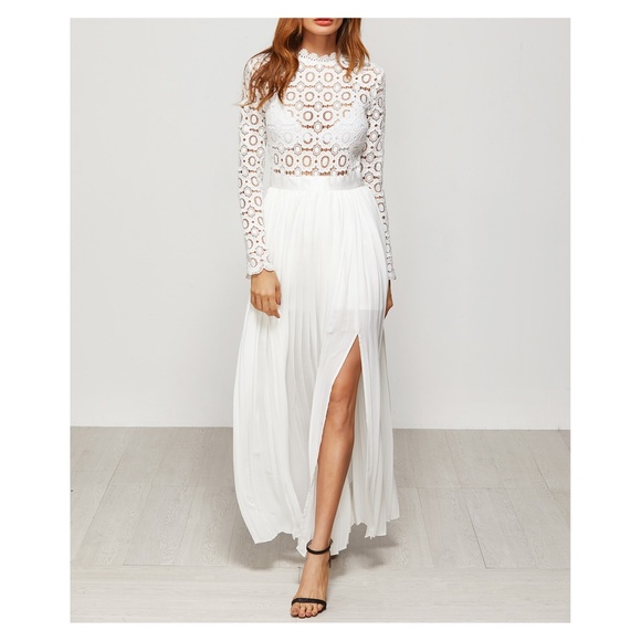 White Embroidered Top Pleated Maxi Dress - Picture 2 of 5